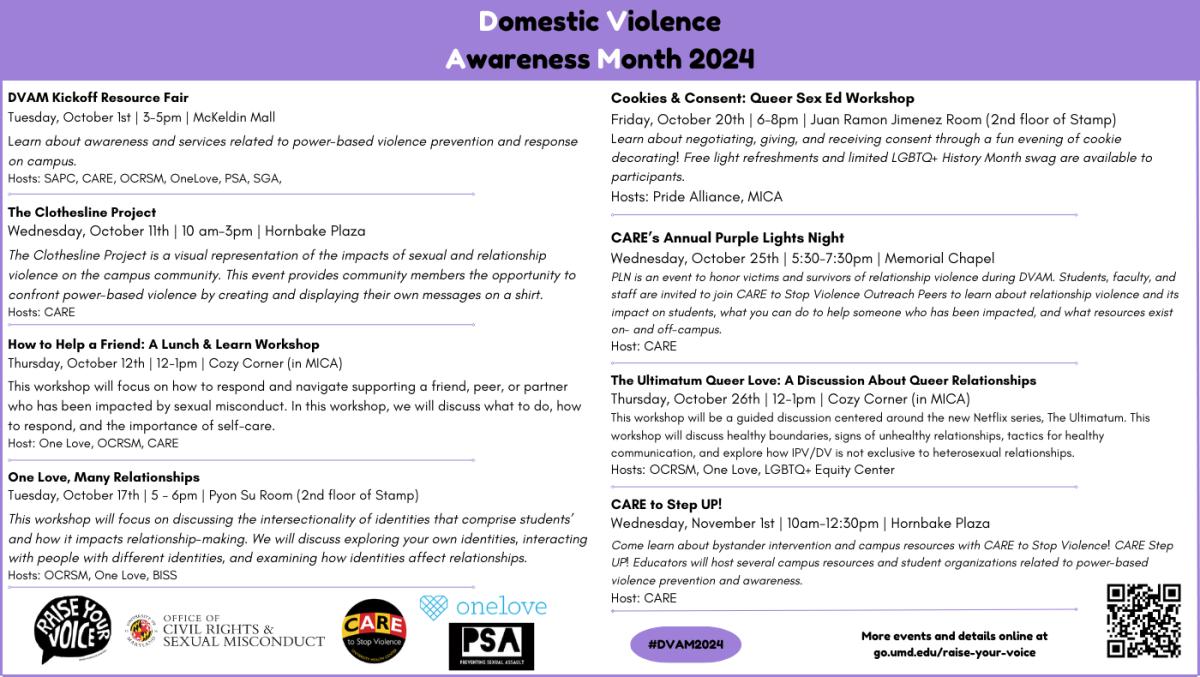 [Image Description: The image is a flyer on a white background titled “Domestic Violence Awareness Month 2024” in black letters over a purple header. Underneath is information about the October events, a website QR code, and partner organization logos.]