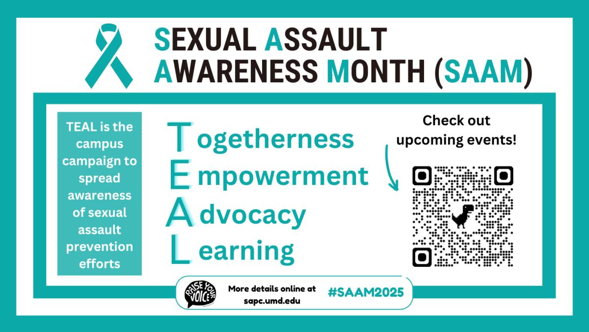 [Image Description: On a white background with teal borders, the title “Sexual Assault Awareness Month (SAAM)” is displayed alongside a teal ribbon. Underneath the title, details around SAAM 2025 initiatives are shown with a QR code to the SAPC website.]