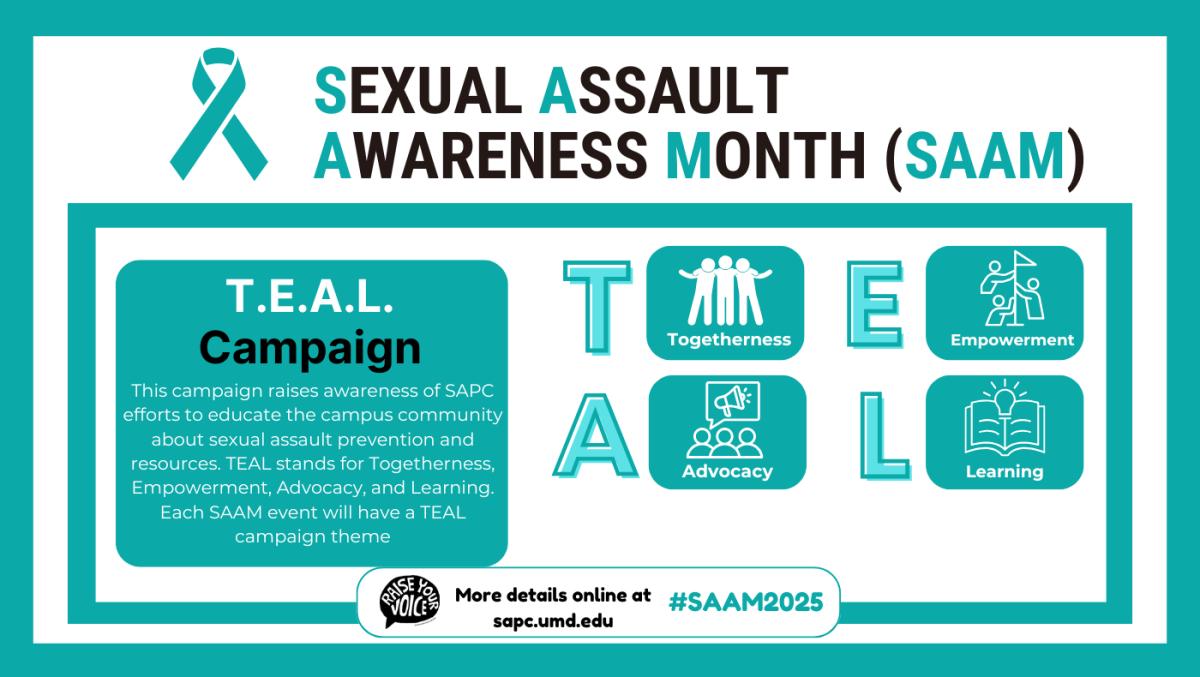 [Image Description: On a white background with teal borders, the title  “Sexual Assault Awareness Month (SAAM)" is displayed alongside a teal ribbon. Underneath the title, details around SAAM 2025 initiatives are shown with a link to the “SAPC” website.]