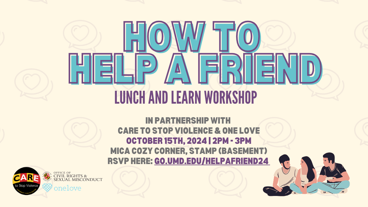 This flyer contains heart-filled chat bubbles on a beige background. The title "How to Help a Friend Lunch and Learn Workshop" is displayed, followed by the name of the partnering host groups, date and time, and location. The logos for the host groups are shown on the bottom left, and an icon of three friends sitting next to each other are shown on the bottom right.