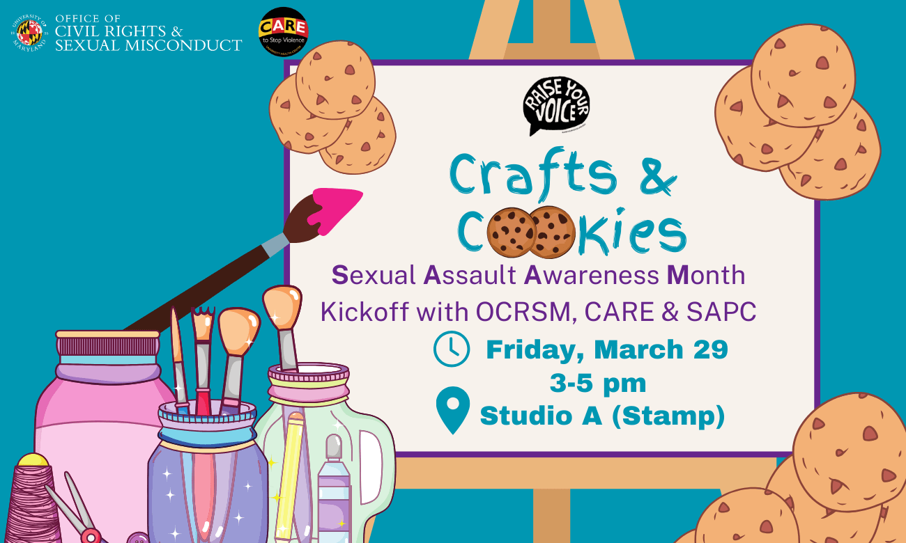 [Image Description: Over a teal background, icons of an easel, paint brushes and other materials, and cookies are displayed. The title “Crafts & Cookies” is illustrated above the details of the event.]