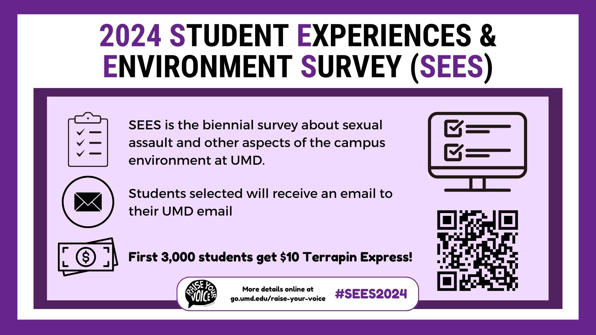 [Image Description: The title “2024 Student Experiences & Environment Survey (SEES) is displayed on a white background with purple stripes on the edges. Below the title, details of the survey are included along with the QR code to the “Raise Your Voice” website.]