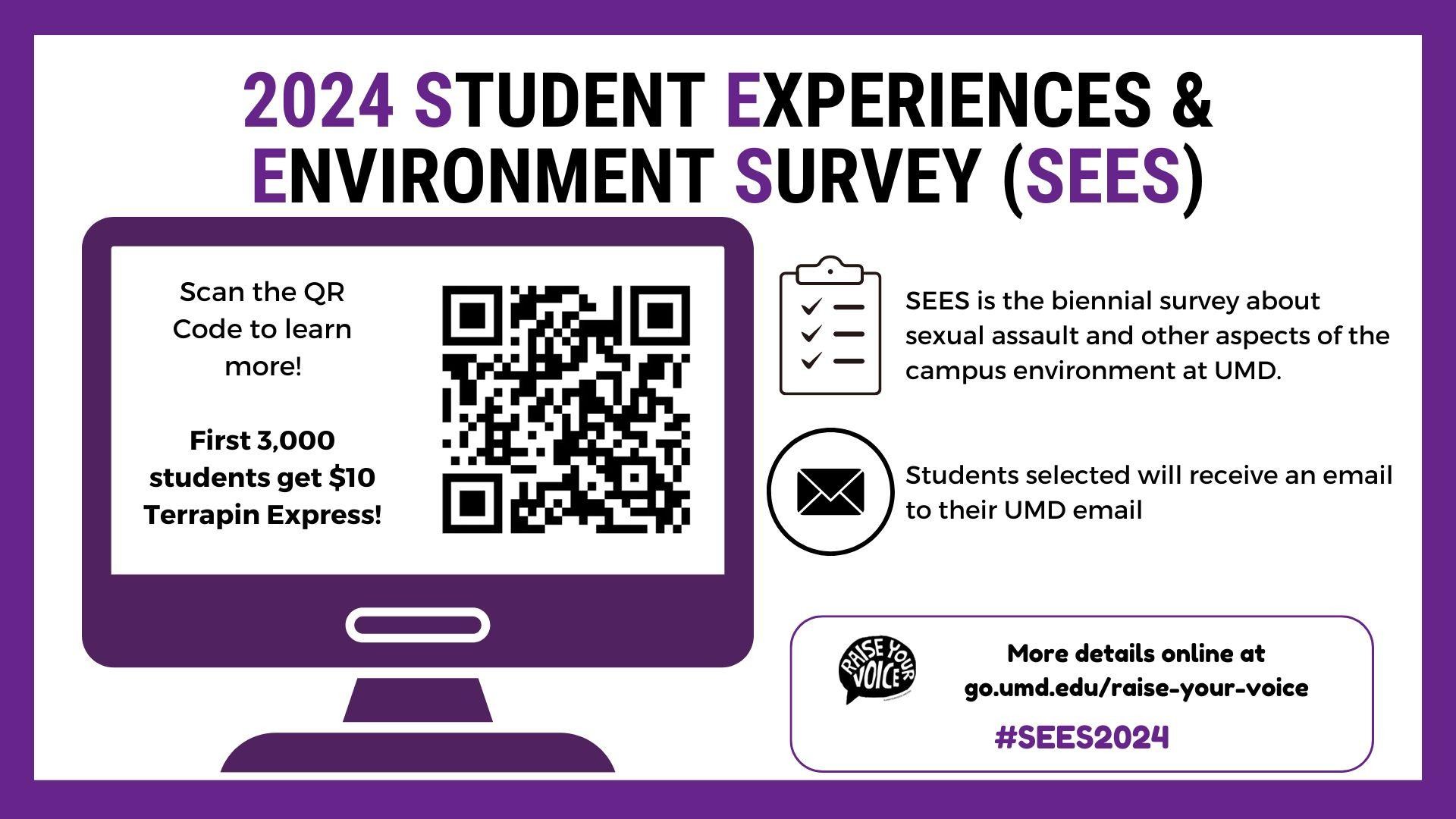 [Image Description: The title “2024 Student Experiences & Environment Survey (SEES) is displayed on a white background with purple stripes on the edges. Below the title, a computer icon contains details of the survey along with the QR code to the “Raise Your Voice” website.]