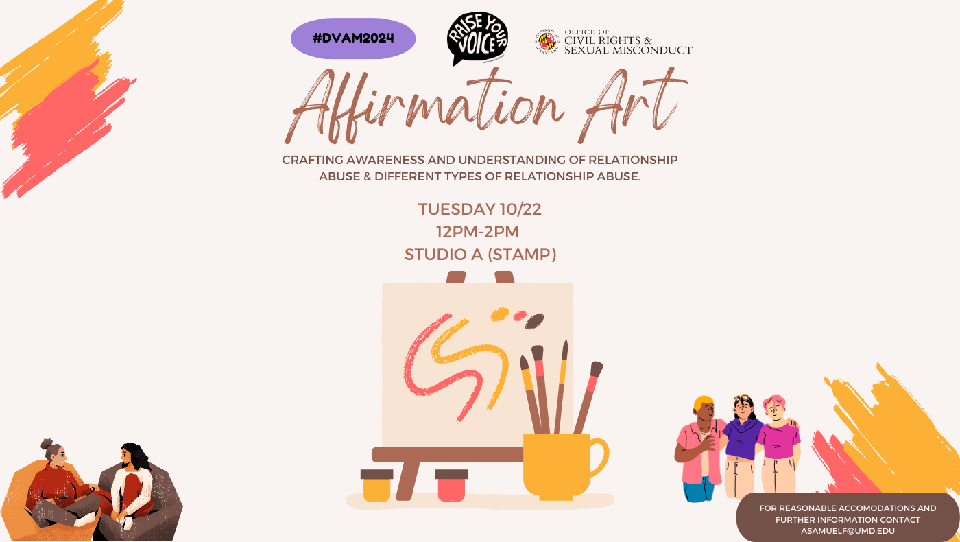 [Image Description: On a beige background, the title "Affirmation Art"  in brown letters. Below the title detail of the workshop description and time, date, and location of the event. Icons of art easel and cartoon people gathered together.]