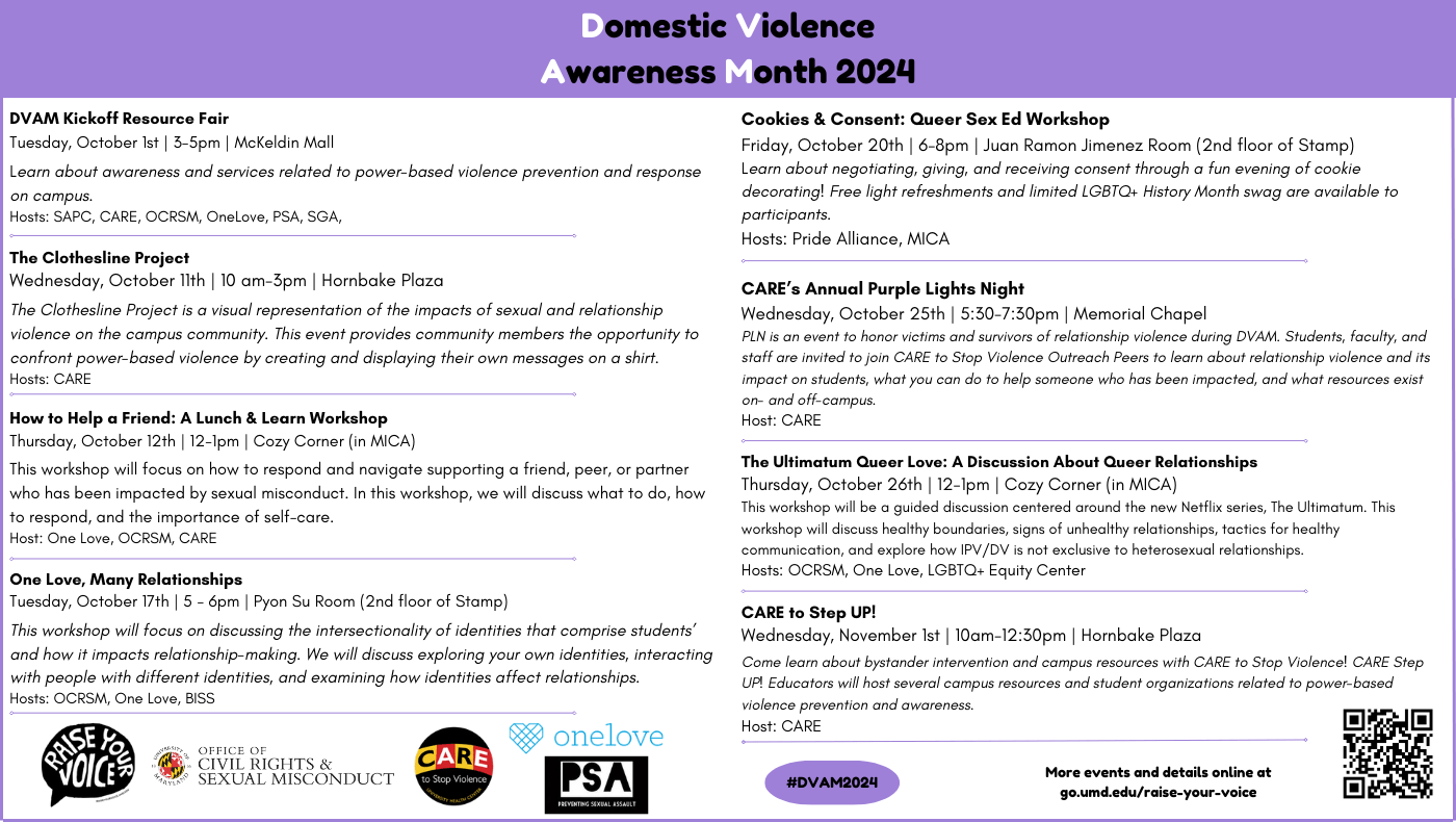 [Image Description: The image is a flyer on a white background titled “Domestic Violence Awareness Month 2024” in black letters over a purple header. Underneath is information about the October events, a website QR code, and partner organization logos.]