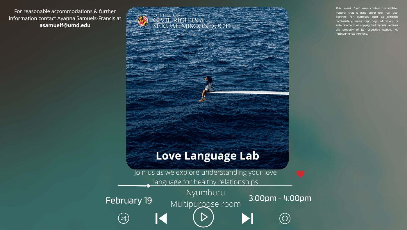 [Image Description: On a gradient background, an image of a person on a diving board overlooking the ocean with the title, “Love Language Lab” displayed. Below are event details, previous song, pause, & next song buttons, and a copyright statement.]