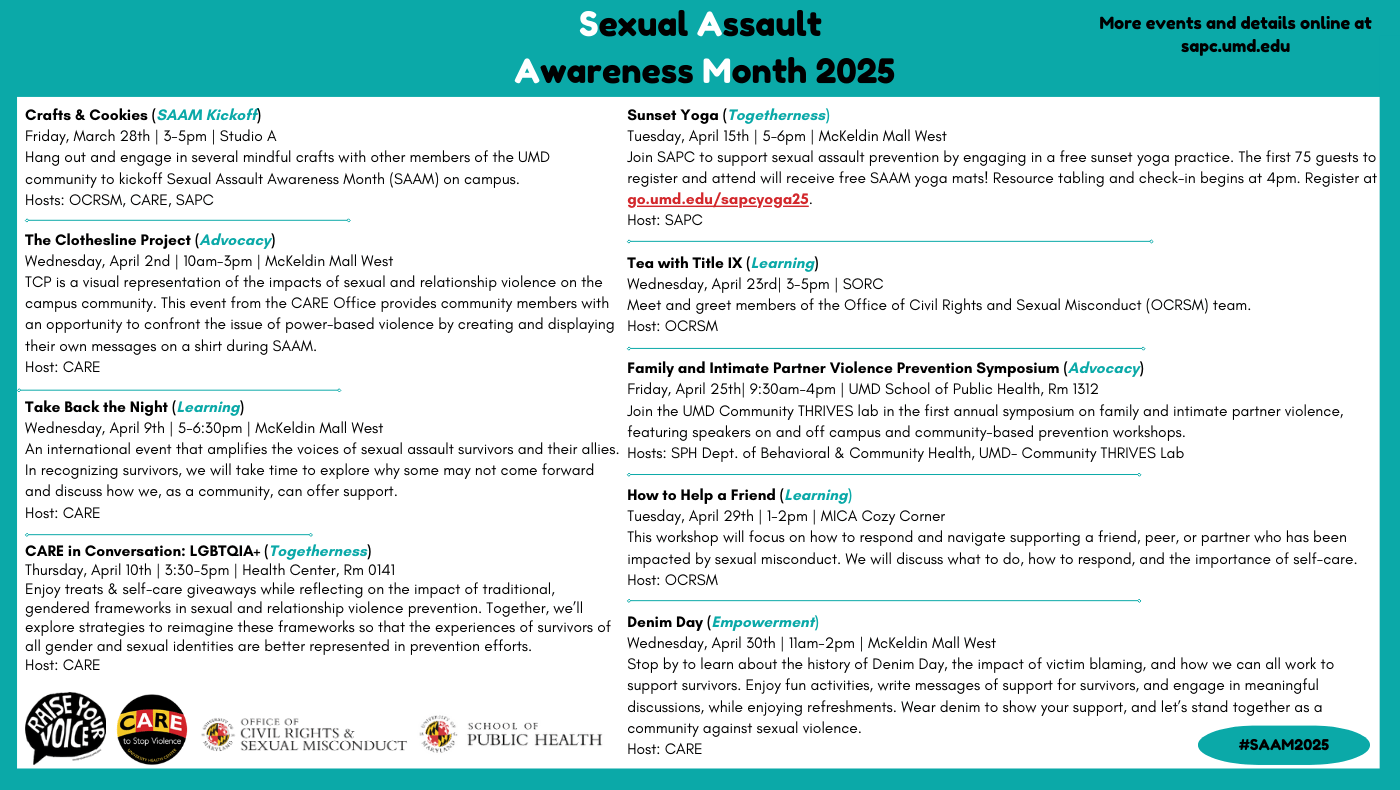 [Image Description: The image is a flyer with a white background titled “Sexual Assault Awareness Month 2025” in black letters over a teal header. Below is information about the events hosted, partner organization logos, and a link to the SAPC website.]