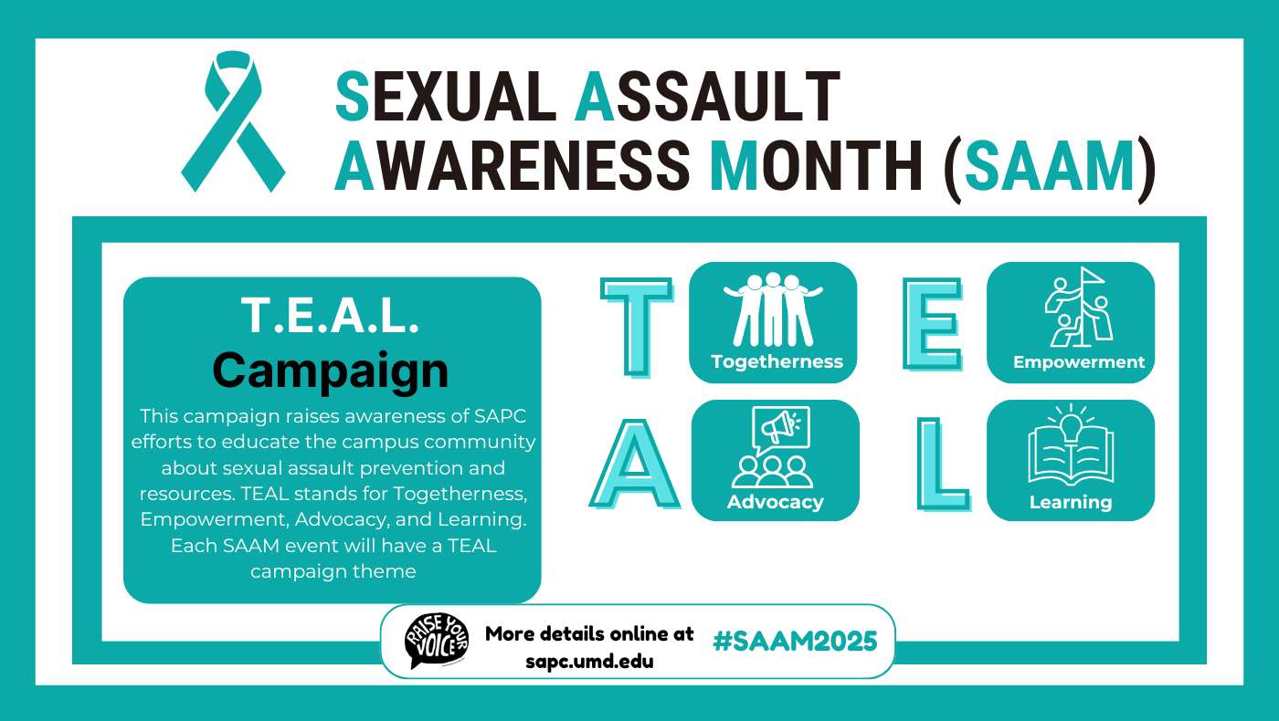 [Image Description: On a white background with teal borders, the title  “Sexual Assault Awareness Month (SAAM)" is displayed alongside a teal ribbon. Underneath the title, details around SAAM 2025 initiatives are shown with a link to the “SAPC” website.]